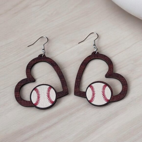 Heart Baseball Wood Earring - Picture 3 of 5